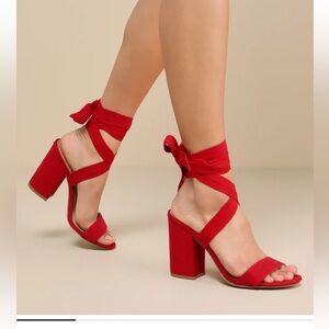 Red Wrap-Around Block Heel Sandals